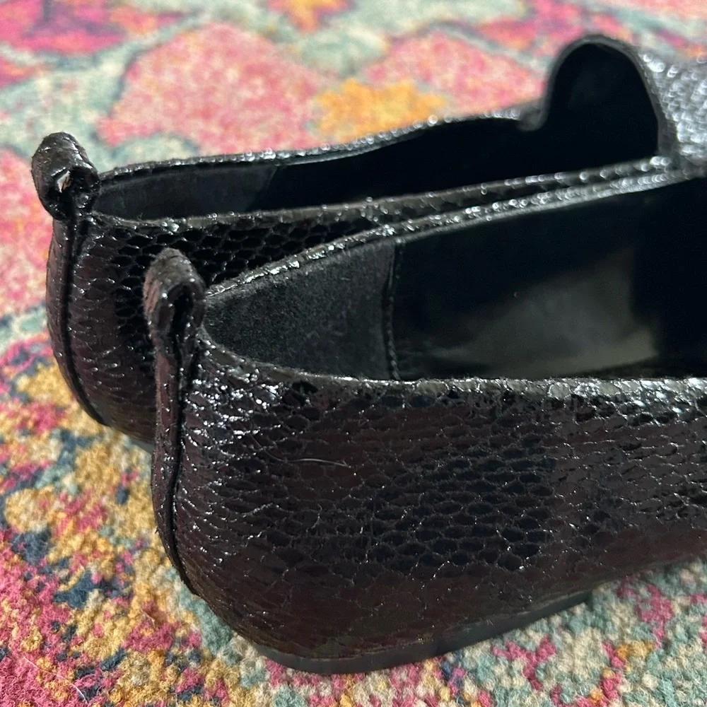 Zara | Women’s Black Shiny Faux Snakeskin Textured Slip-On Loafers Flats Sz 7.5